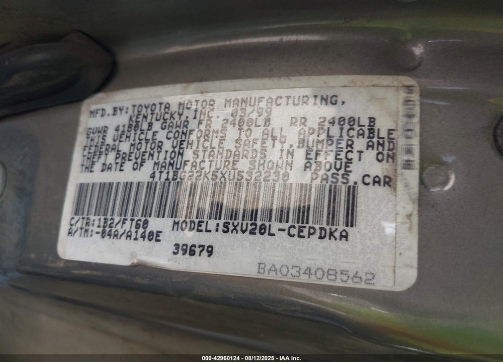 1999 TOYOTA CAMRY CE VIN: 4T1BG22K5XU532230