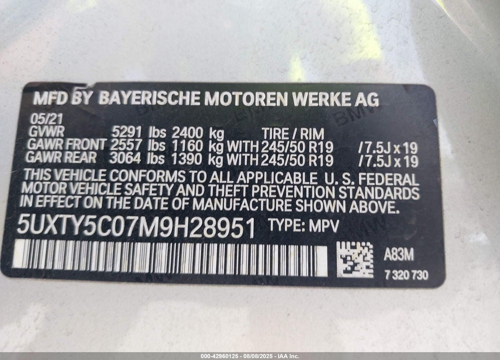 2021 BMW X3 VIN: 5UXTY5C07M9H28951