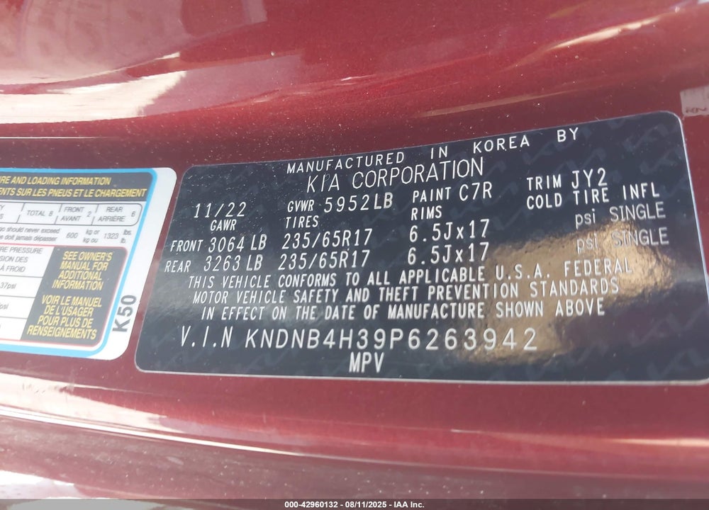 2023 KIA CARNIVAL MPV LX SEAT PACKAGE VIN: KNDNB4H39P6263942