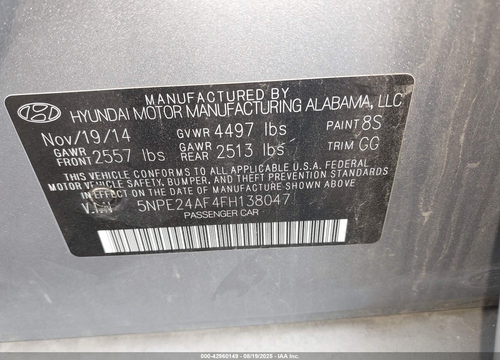 2015 HYUNDAI SONATA VIN: 5NPE24AF4FH138047