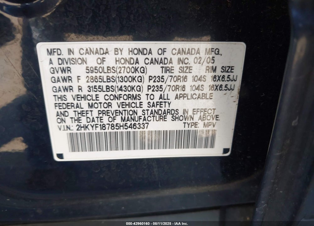 2005 HONDA PILOT EX-L VIN: 2HKYF18785H546337