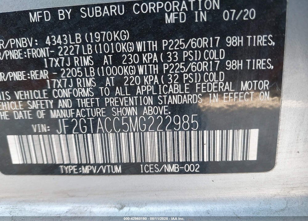 2021 SUBARU CROSSTREK VIN: JF2GTACC5MG222985