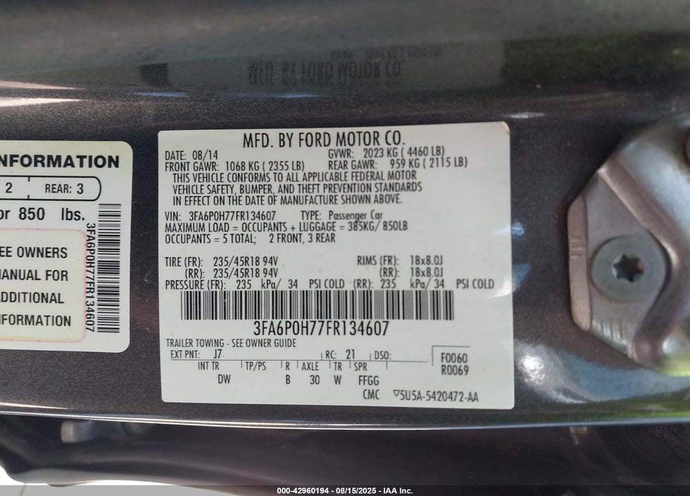 2015 FORD FUSION VIN: 3FA6P0H77FR134607