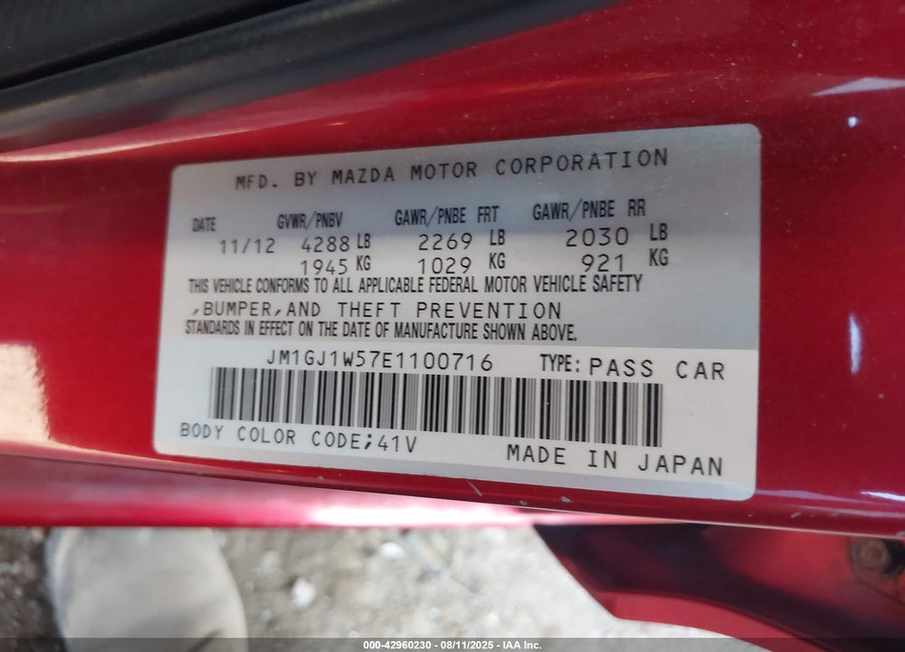 2014 MAZDA 6 VIN: JM1GJ1W57E1100716