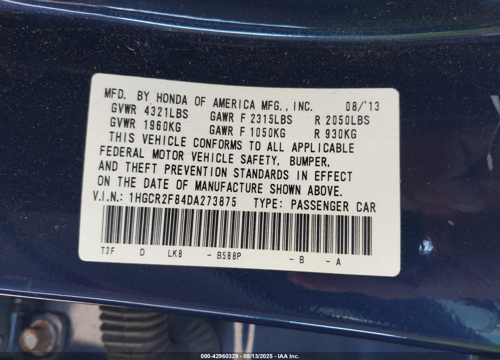 2013 HONDA ACCORD VIN: 1HGCR2F84DA273875