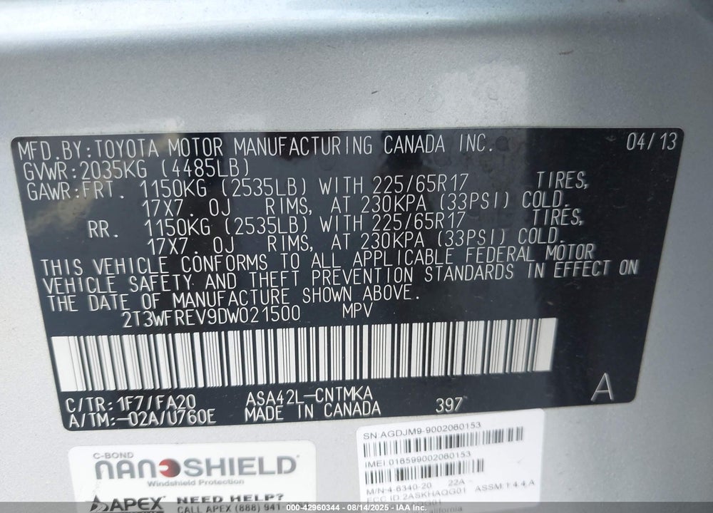2013 TOYOTA RAV4 VIN: 2T3WFREV9DW021500