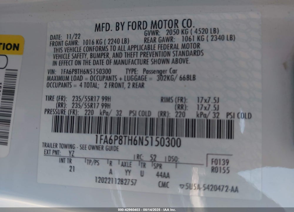 2022 FORD MUSTANG VIN: 1FA6P8TH6N5150300
