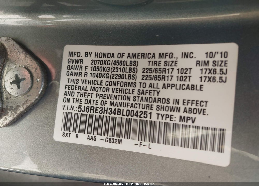 2011 HONDA CR-V VIN: 5J6RE3H34BL004251