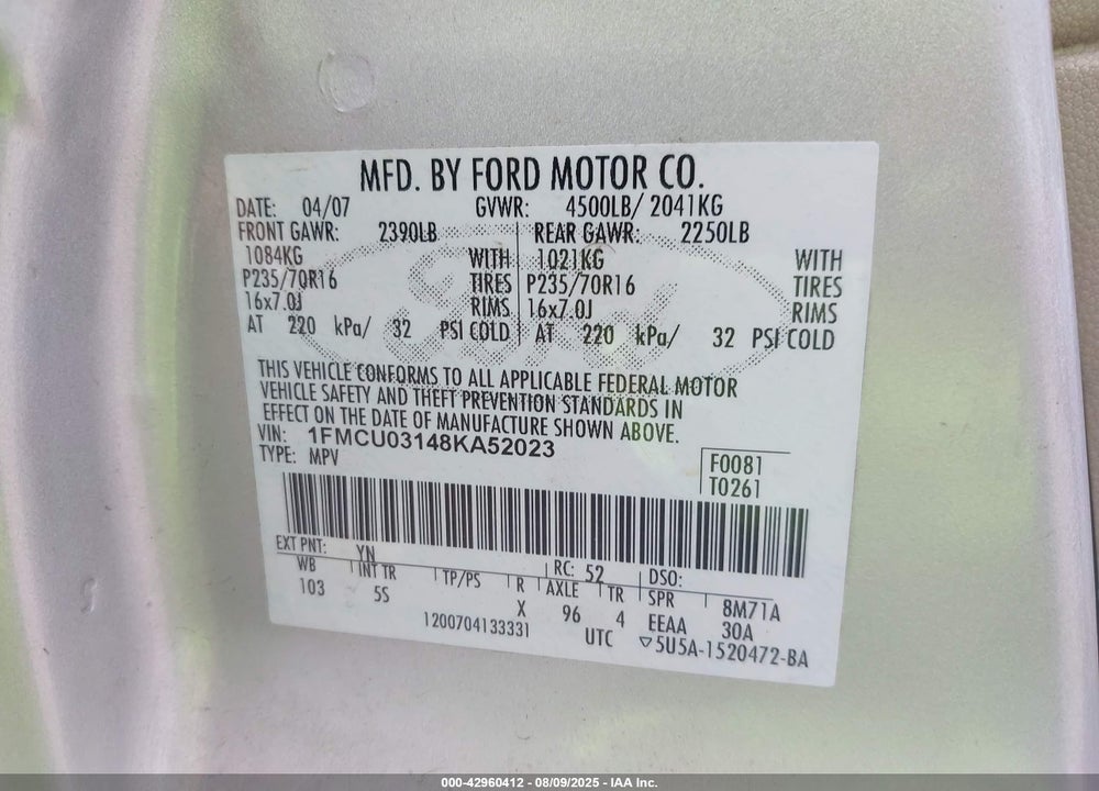 2008 FORD ESCAPE VIN: 1FMCU03148KA52023
