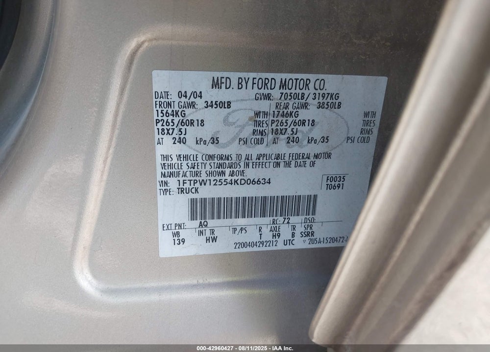 2004 FORD F-150 LARIAT/XLT VIN: 1FTPW12554KD06634