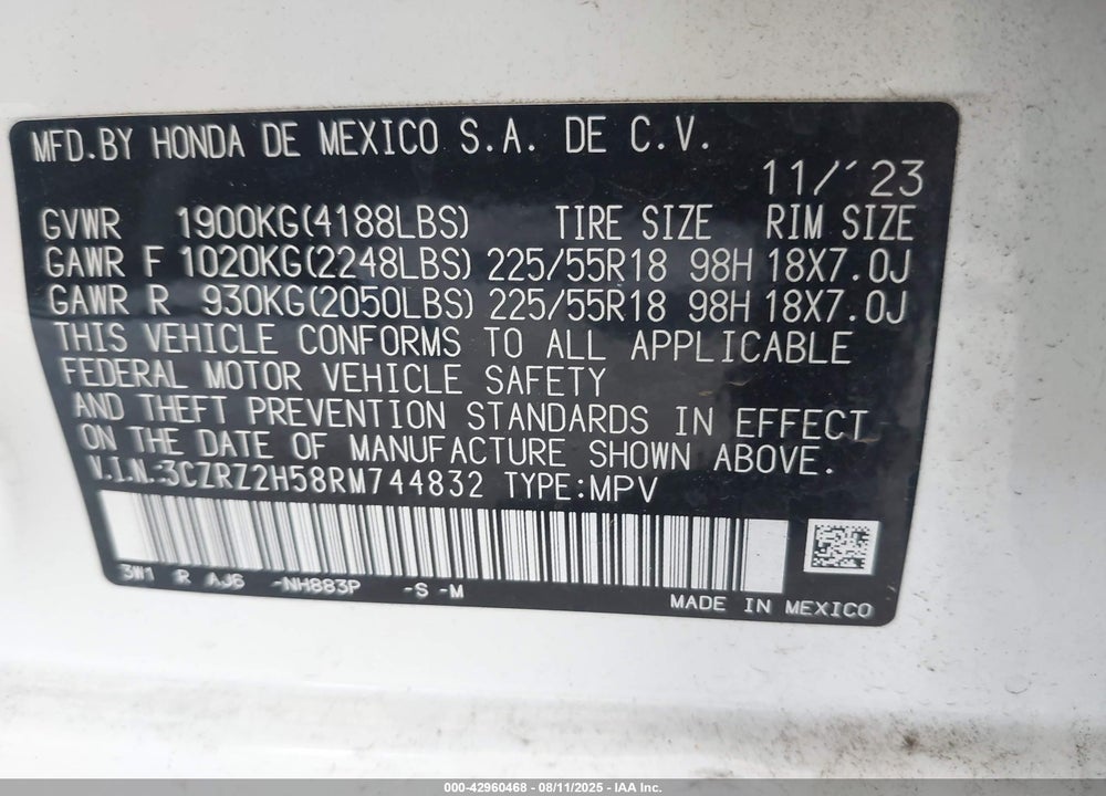 2024 HONDA HR-V VIN: 3CZRZ2H58RM744832