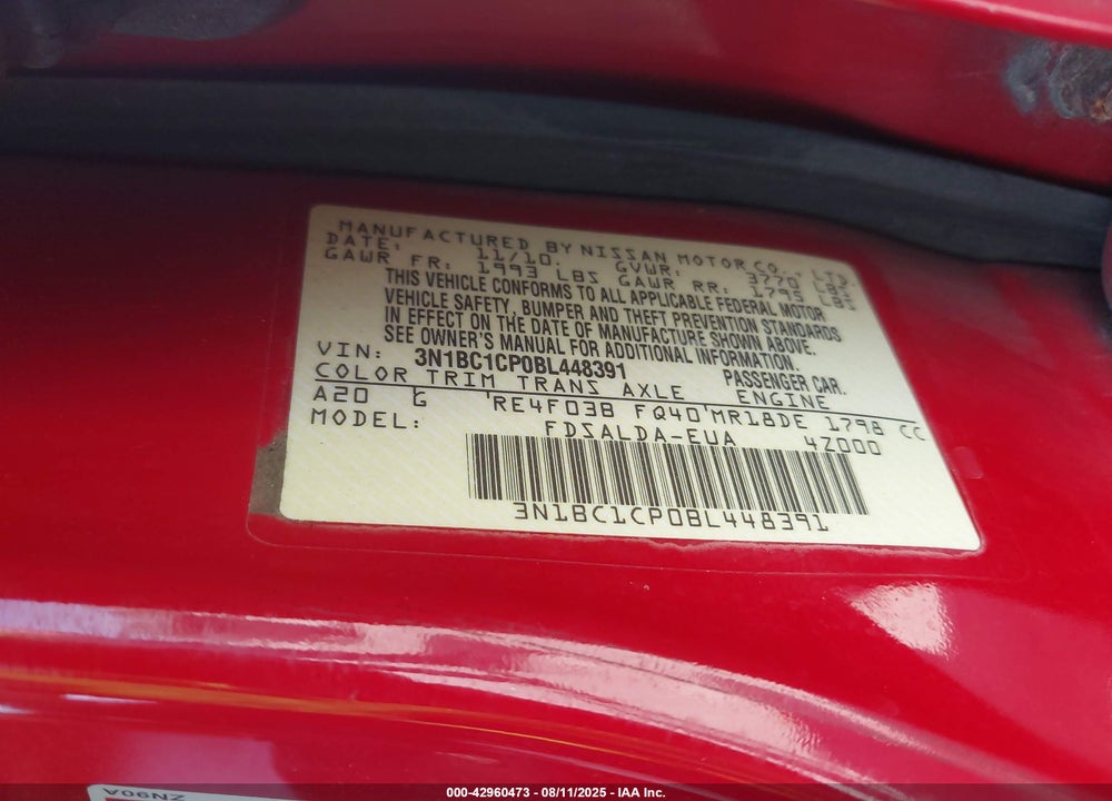 2011 NISSAN VERSA 1.8S VIN: 3N1BC1CP0BL448391