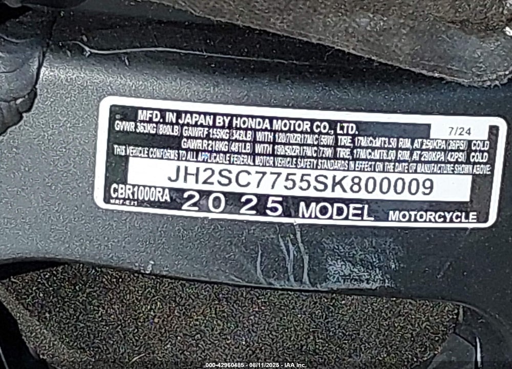 2025 HONDA CBR1000 RA VIN: JH2SC7755SK800009
