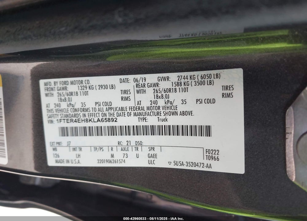 2019 FORD RANGER XLT VIN: 1FTER4EH8KLA65892