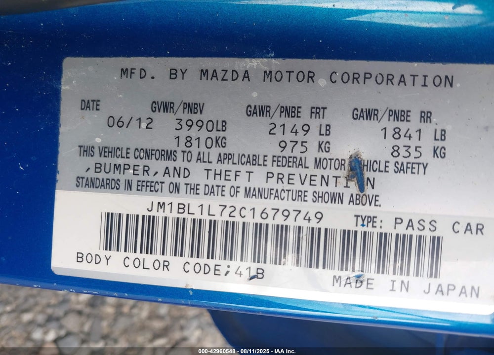 2012 MAZDA 3 VIN: JM1BL1L72C1679749