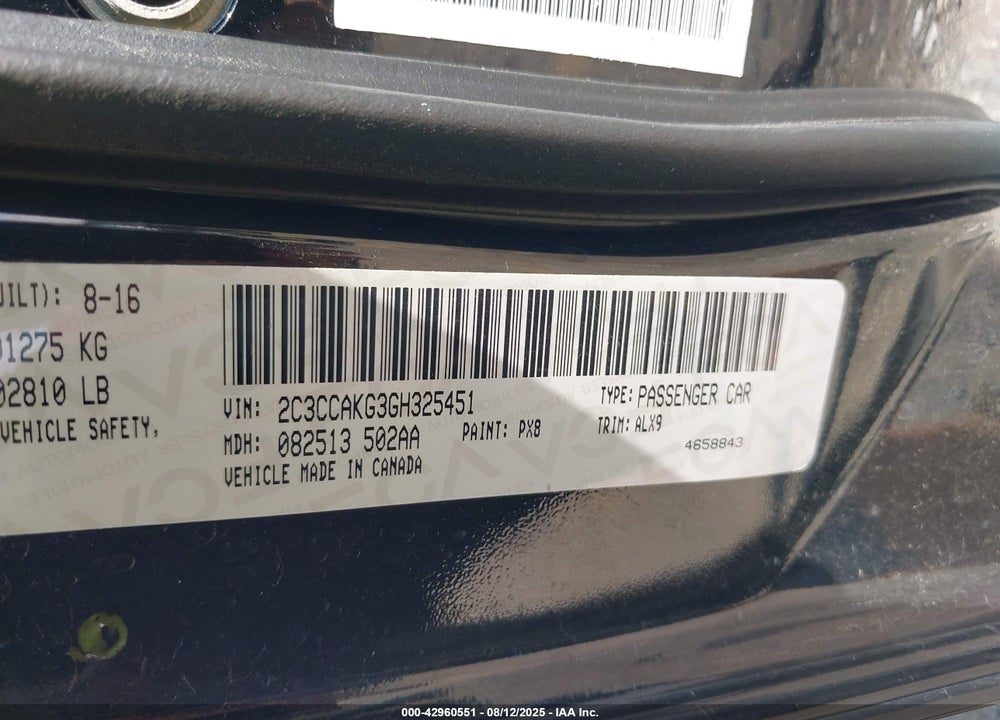 2016 CHRYSLER 300C AWD VIN: 2C3CCAKG3GH325451