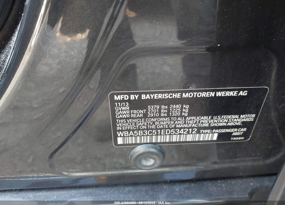 2014 BMW 5 SERIES VIN: WBA5B3C51ED534212