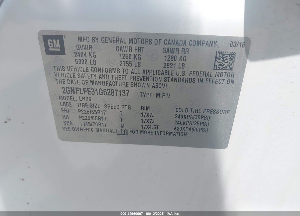 2016 CHEVROLET EQUINOX VIN: 2GNFLFE31G6287137