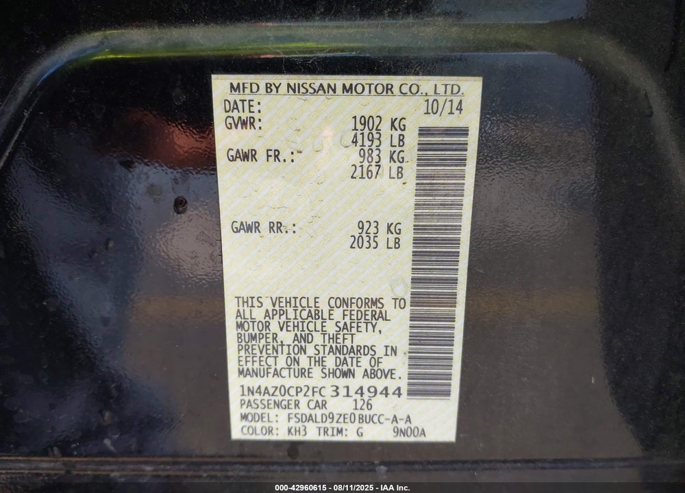 2015 NISSAN LEAF VIN: 1N4AZ0CP2FC314944