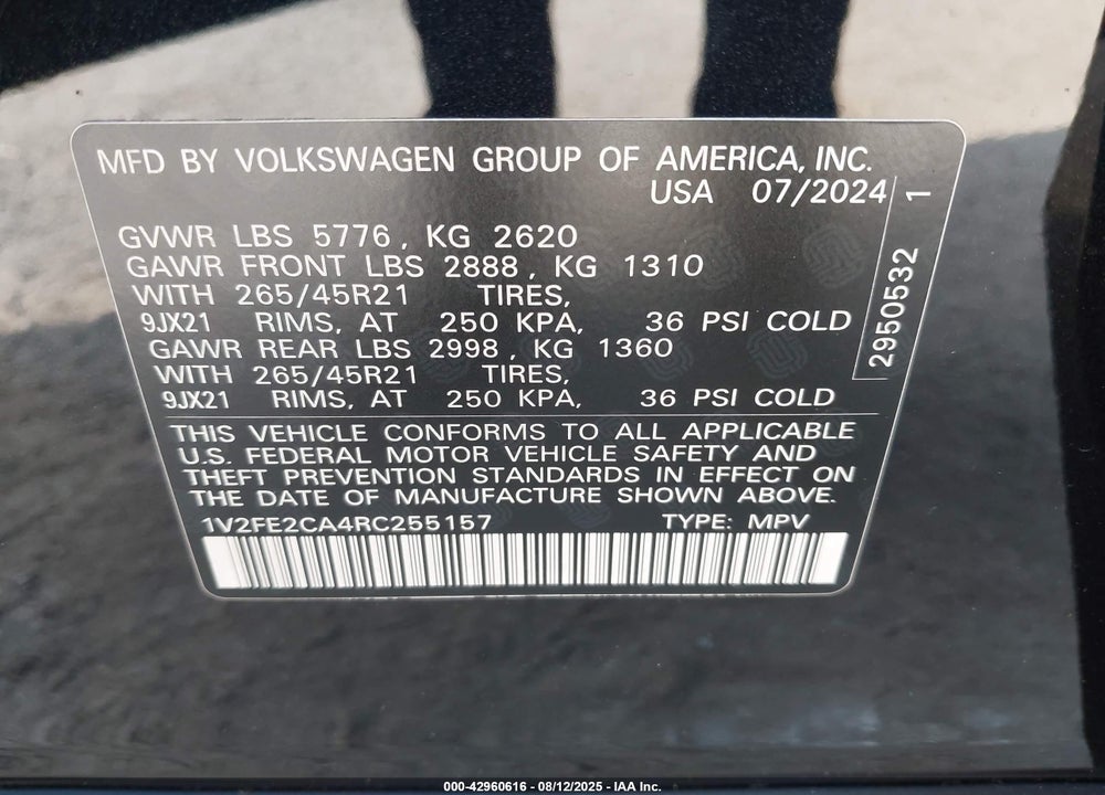 2024 VOLKSWAGEN ATLAS CROSS SPORT VIN: 1V2FE2CA4RC255157