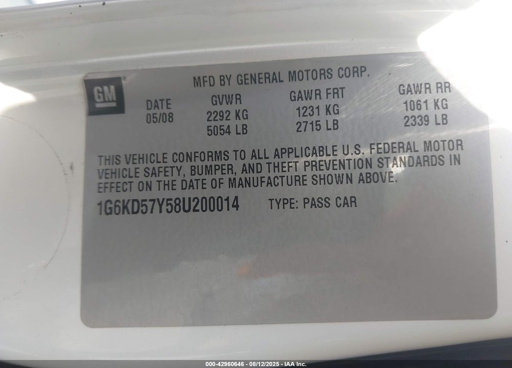 2008 CADILLAC DTS 1SC VIN: 1G6KD57Y58U200014