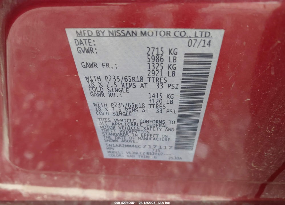 2014 NISSAN PATHFINDER VIN: 5N1AR2MM4EC717117
