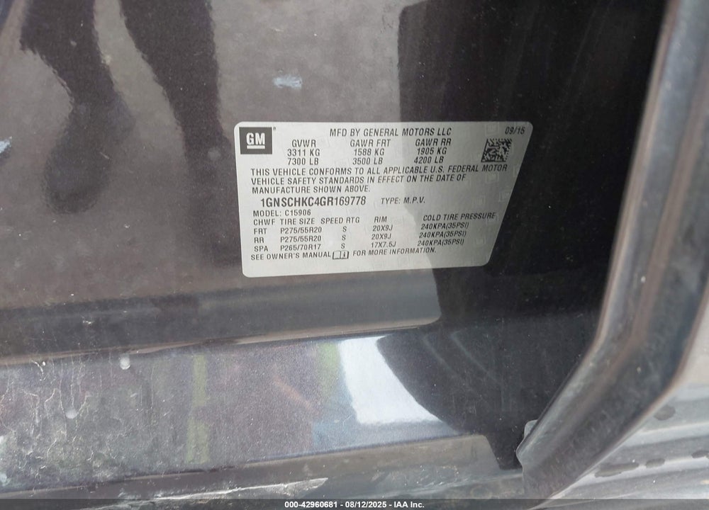 2016 CHEVROLET SUBURBAN VIN: 1GNSCHKC4GR169778