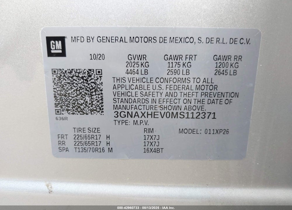 2021 CHEVROLET EQUINOX VIN: 3GNAXHEV0MS112371