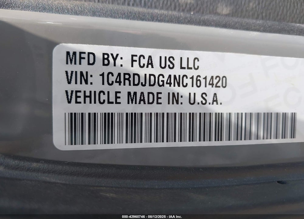 2022 DODGE DURANGO VIN: 1C4RDJDG4NC161420