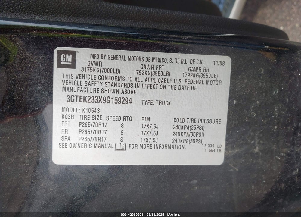 2009 GMC SIERRA 1500 SLE VIN: 3GTEK233X9G159294