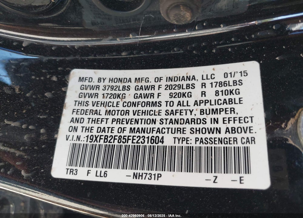 2015 HONDA CIVIC SEDAN VIN: 19XFB2F85FE231604