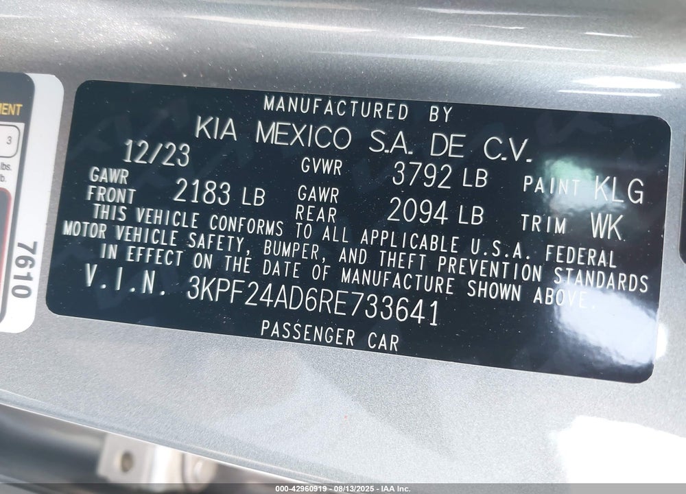 2024 KIA FORTE VIN: 3KPF24AD6RE733641