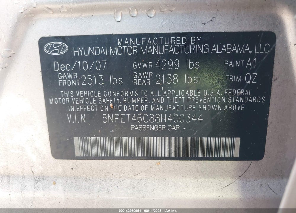 2008 HYUNDAI SONATA VIN: 5NPET46C88H400344