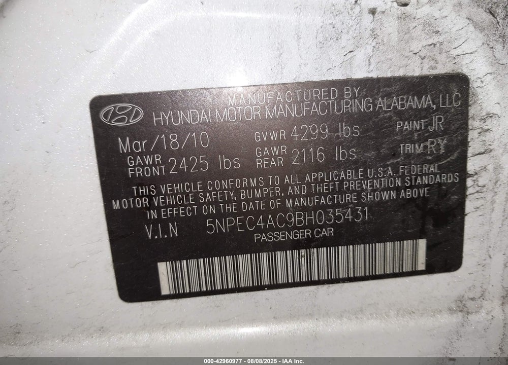 2011 HYUNDAI SONATA LIMITED VIN: 5NPEC4AC9BH035431