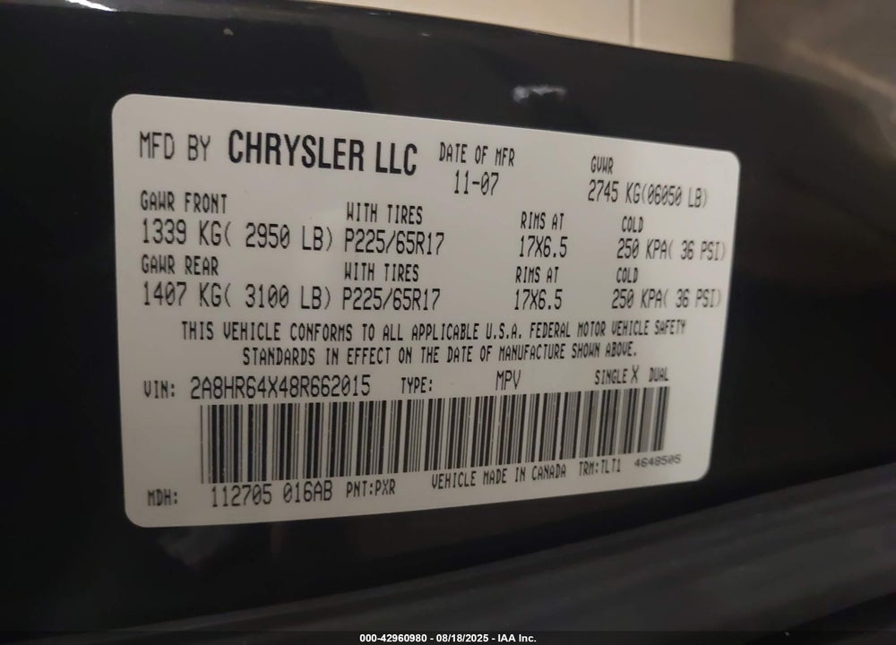 2008 CHRYSLER TOWN & COUNTRY LIMITED VIN: 2A8HR64X48R662015
