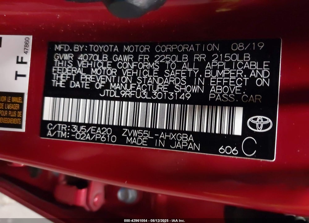 2020 TOYOTA PRIUS VIN: JTDL9RFU3L3013149