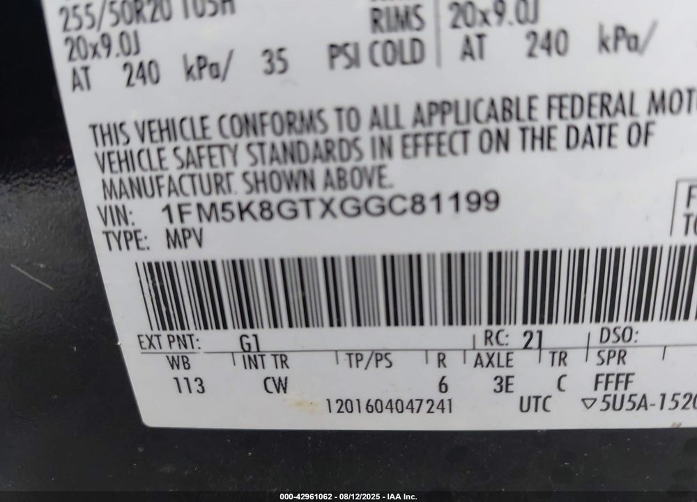 2016 FORD EXPLORER VIN: 1FM5K8GTXGGC81199