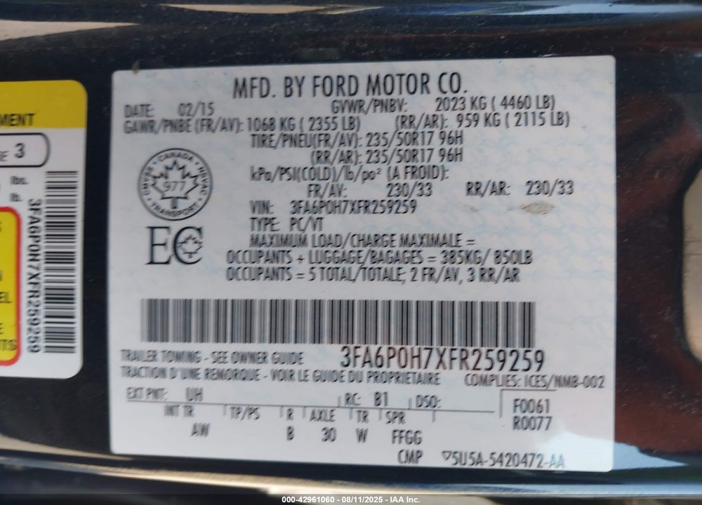 2015 FORD FUSION VIN: 3FA6P0H7XFR259259