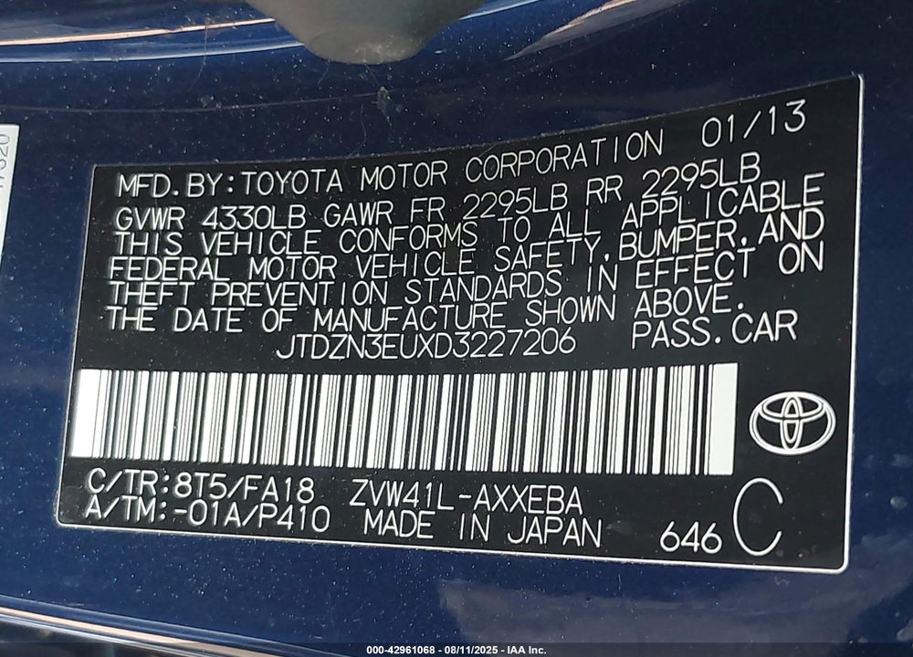 2013 TOYOTA PRIUS V VIN: JTDZN3EUXD3227206