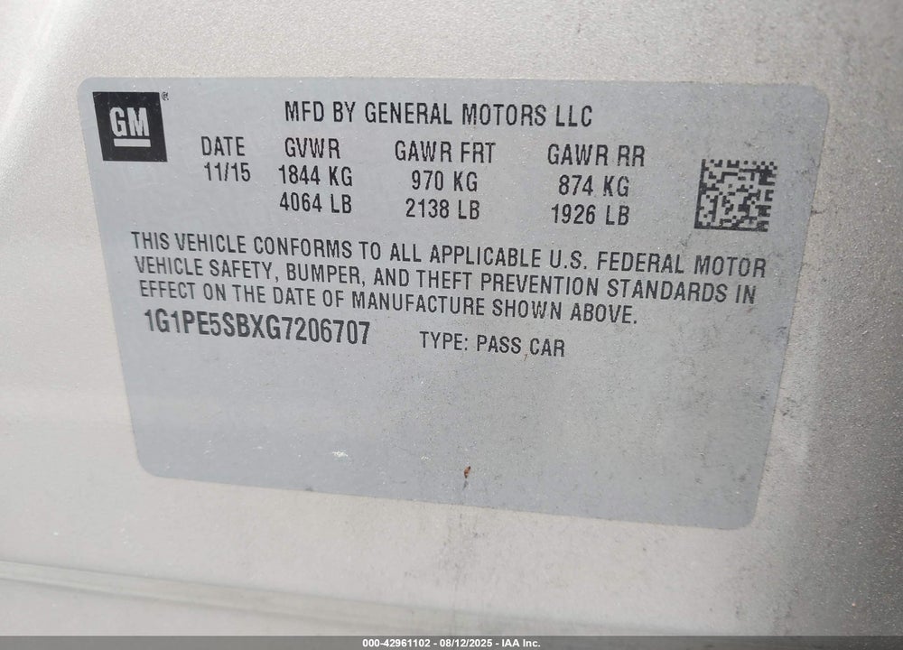 2016 CHEVROLET CRUZE LIMITED VIN: 1G1PE5SBXG7206707