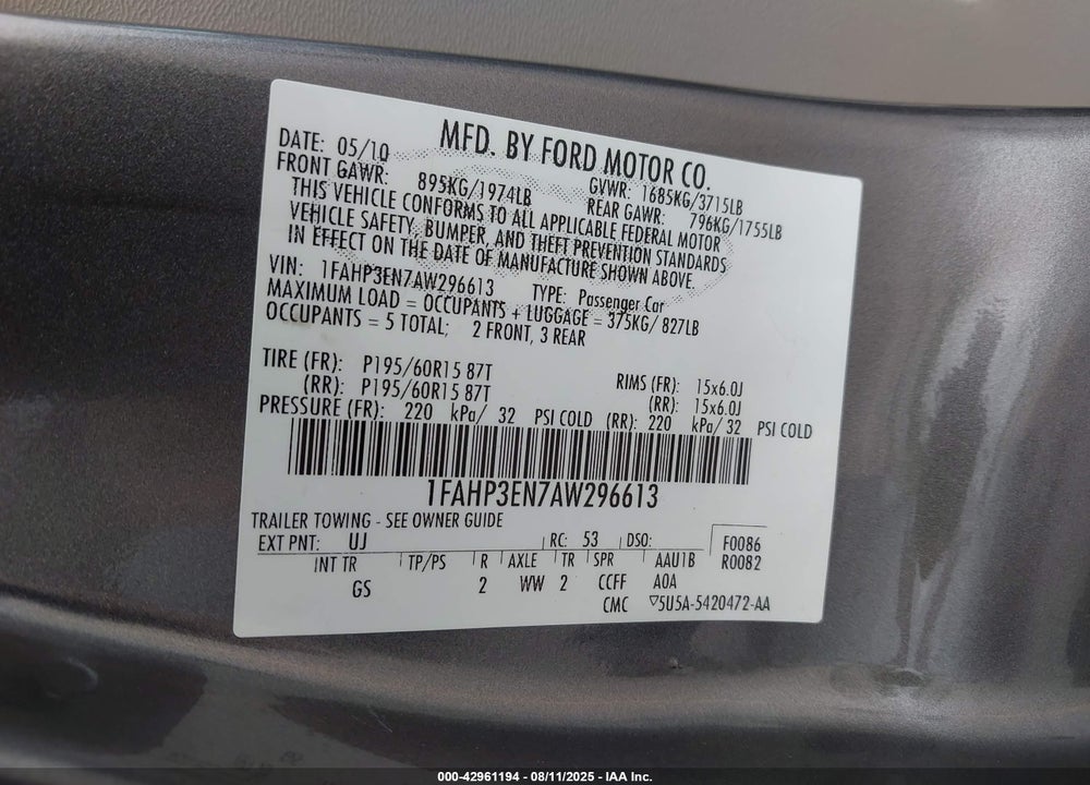 2010 FORD FOCUS VIN: 1FAHP3EN7AW296613