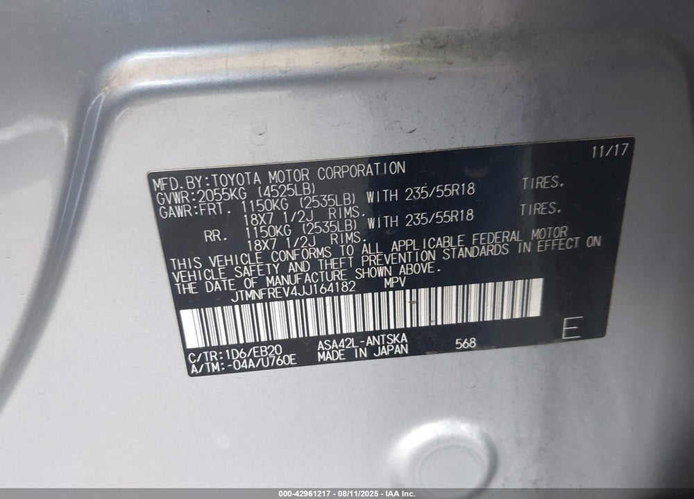 2018 TOYOTA RAV4 VIN: JTMNFREV4JJ164182