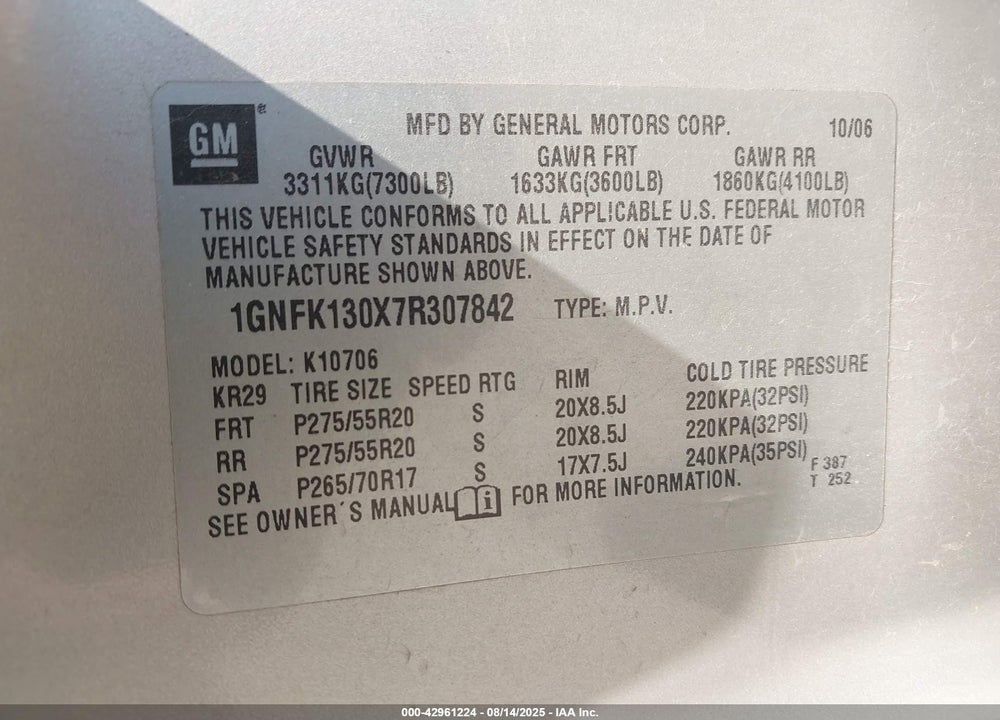 2007 CHEVROLET TAHOE LT VIN: 1GNFK130X7R307842