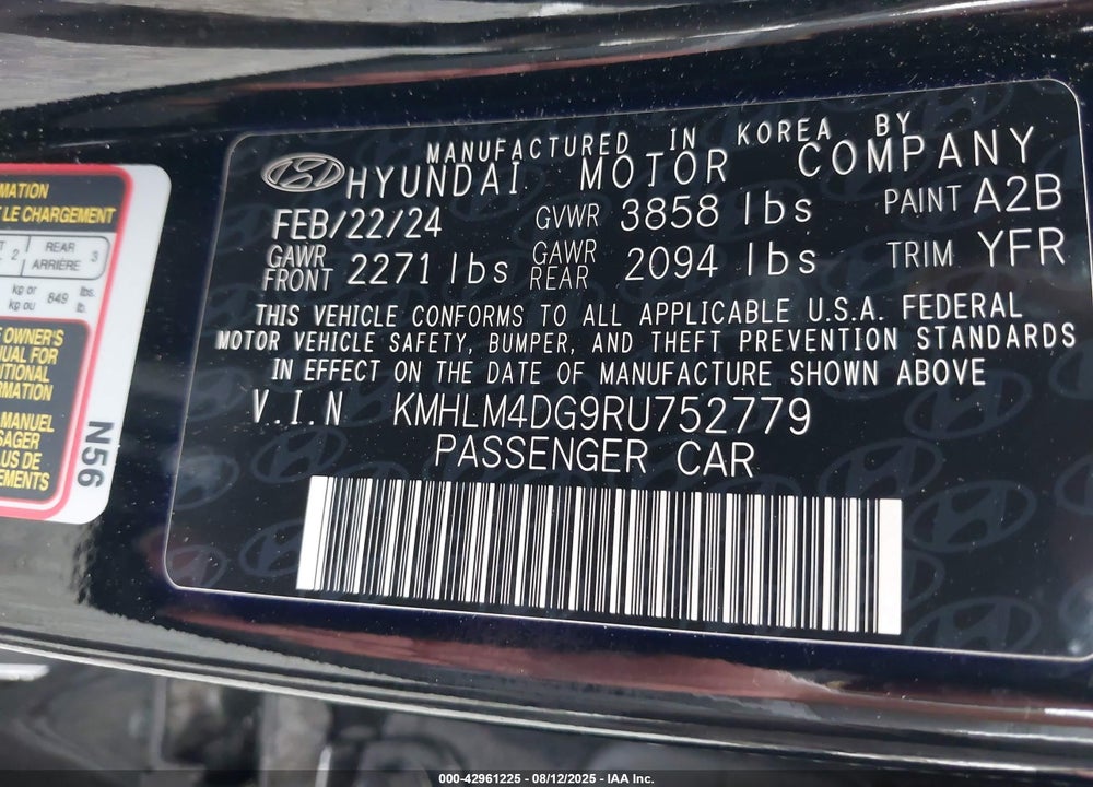 2024 HYUNDAI ELANTRA SEL VIN: KMHLM4DG9RU752779