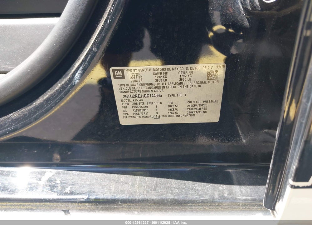 2016 GMC SIERRA 1500 VIN: 3GTU2NEJ1GG144995