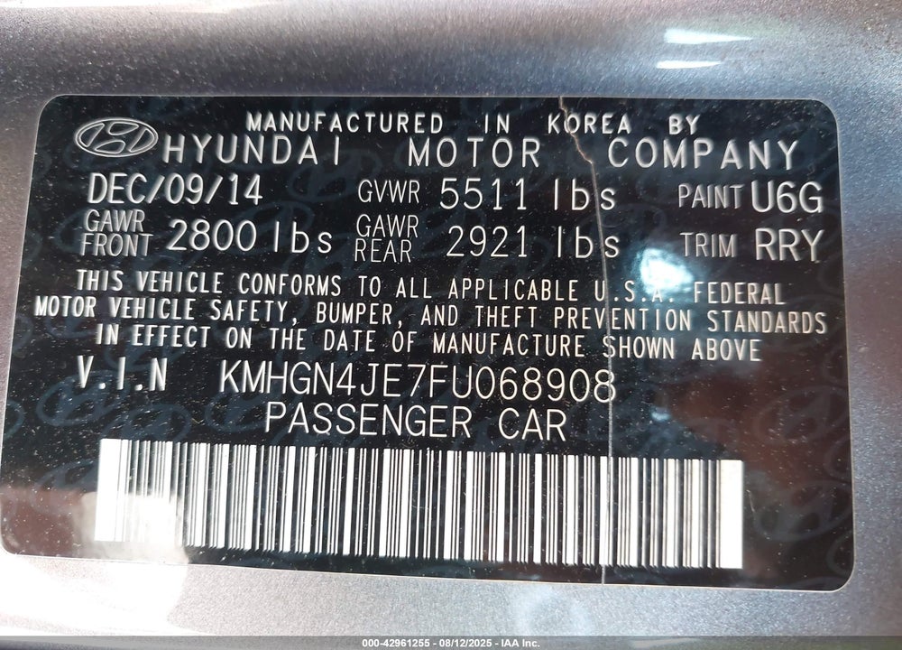 2015 HYUNDAI GENESIS VIN: KMHGN4JE7FU068908
