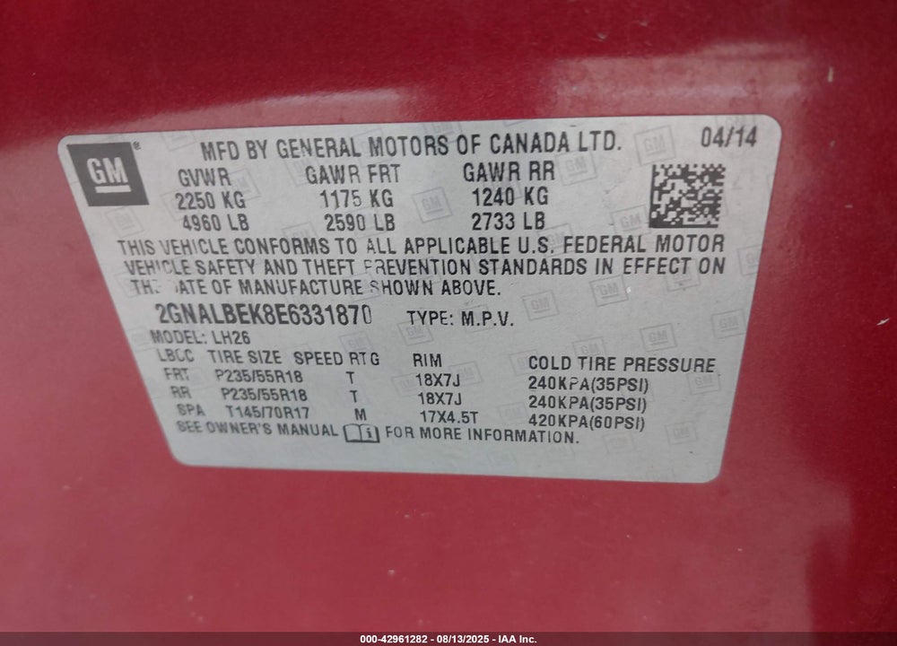 2014 CHEVROLET EQUINOX 1LT VIN: 2GNALBEK8E6331870