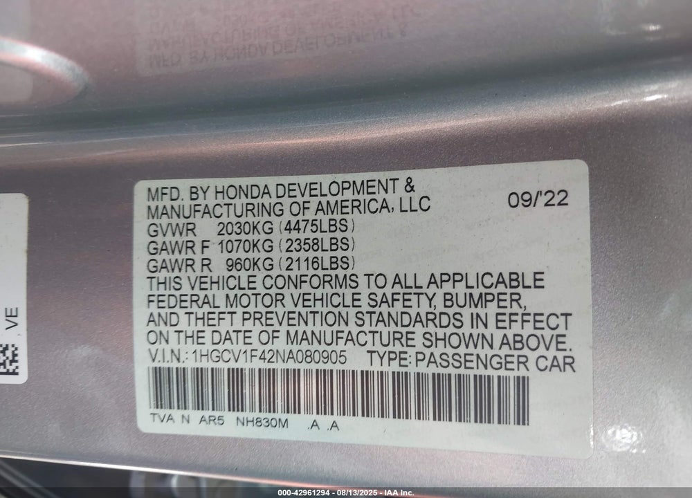 2022 HONDA ACCORD VIN: 1HGCV1F42NA080905