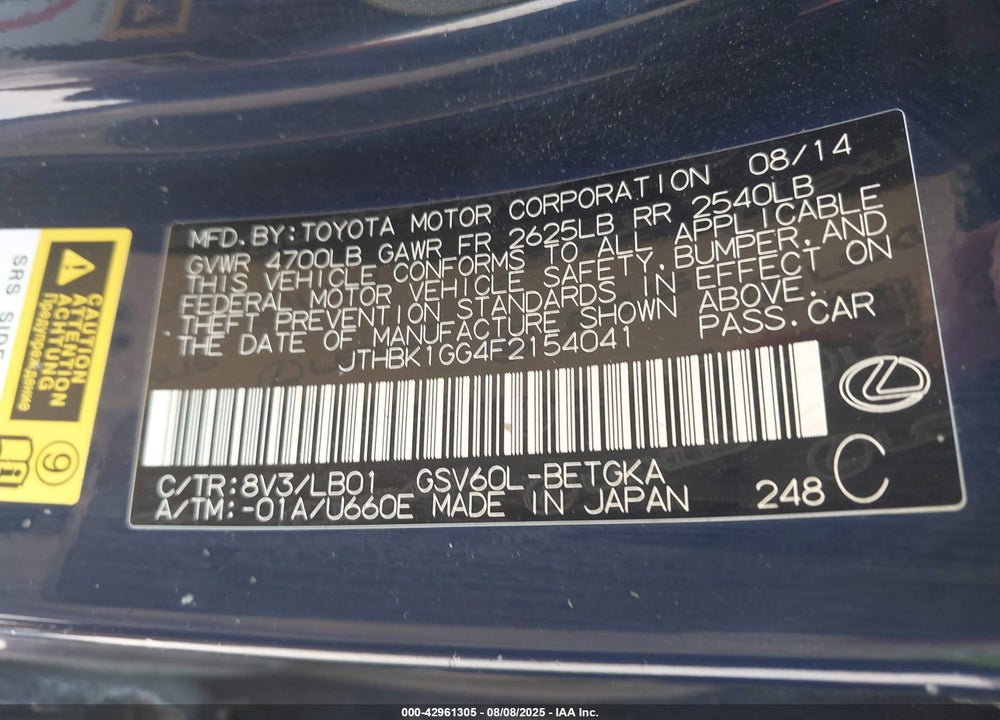 2015 LEXUS ES 350 VIN: JTHBK1GG4F2154041