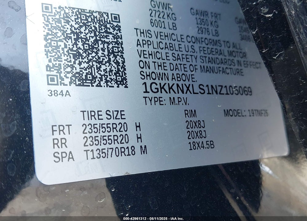 2022 GMC ACADIA VIN: 1GKKNXLS1NZ105069